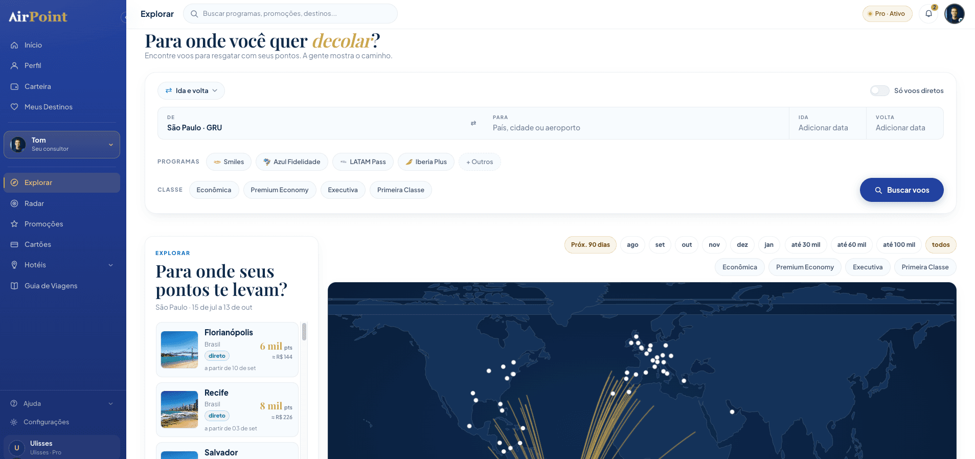 Busca de passagens com milhas na plataforma AirPoint, com mapa de destinos