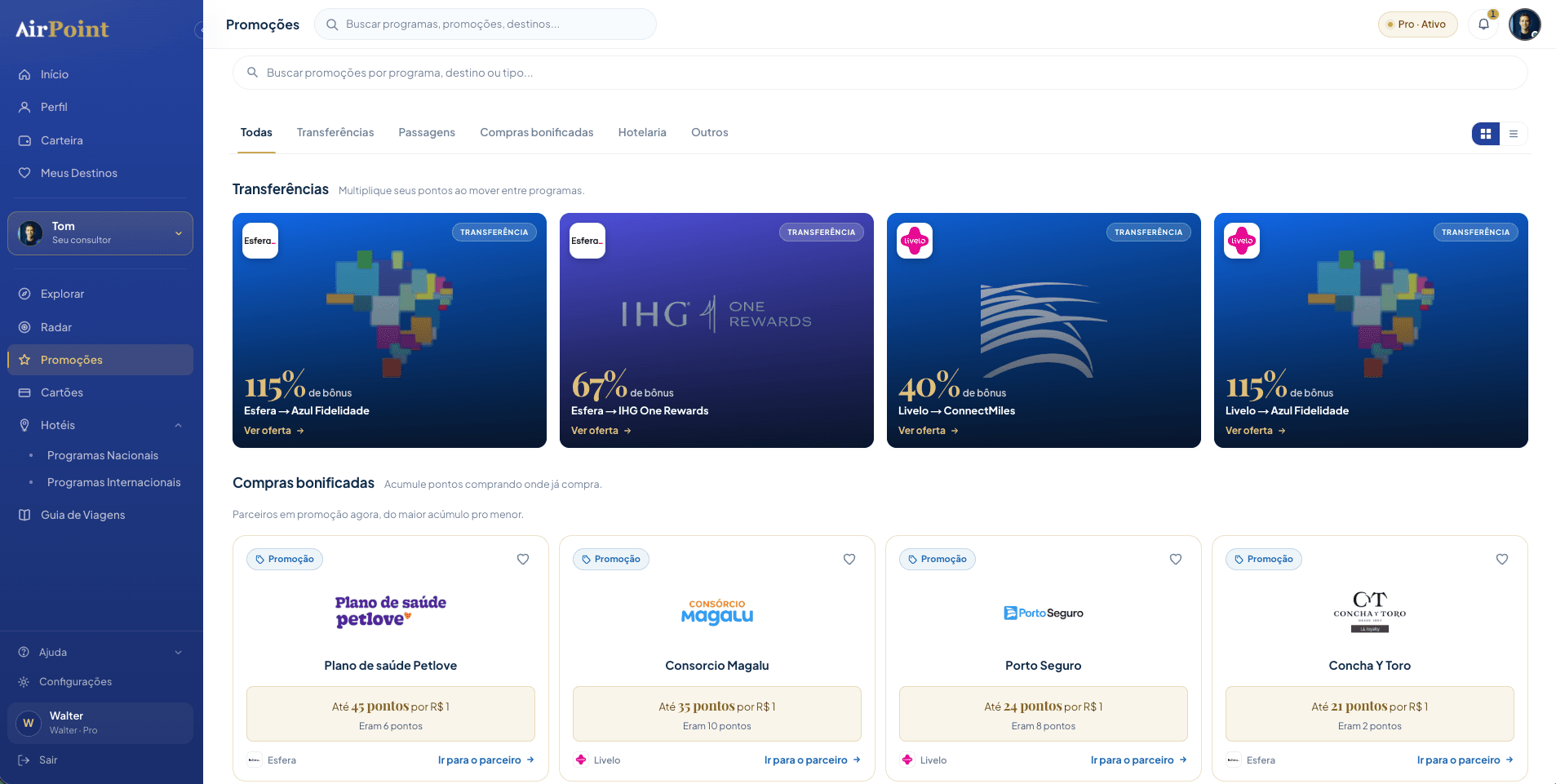 Tela de Promoções na plataforma AirPoint, com transferências e compras bonificadas